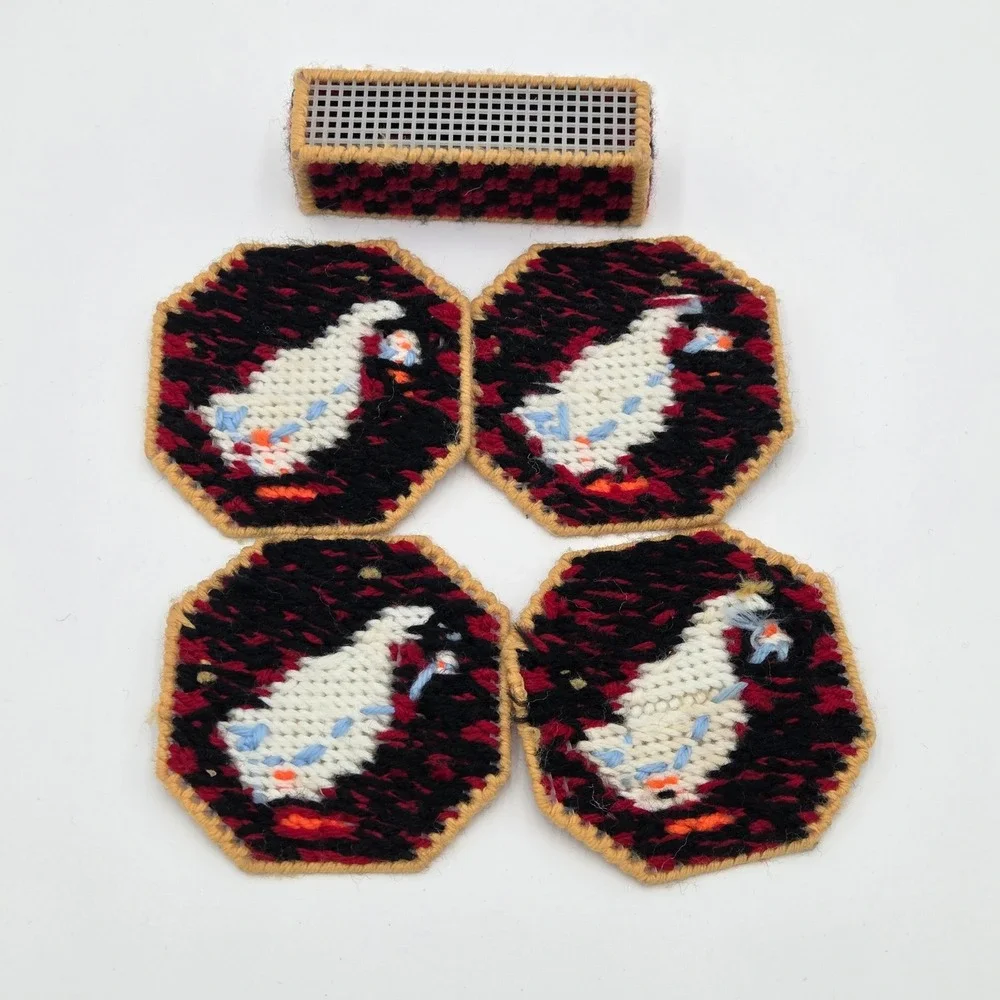 Vintage Needlepoint Plastic Canvas Goose Coaster Set w/ Holder Handmade Checker
